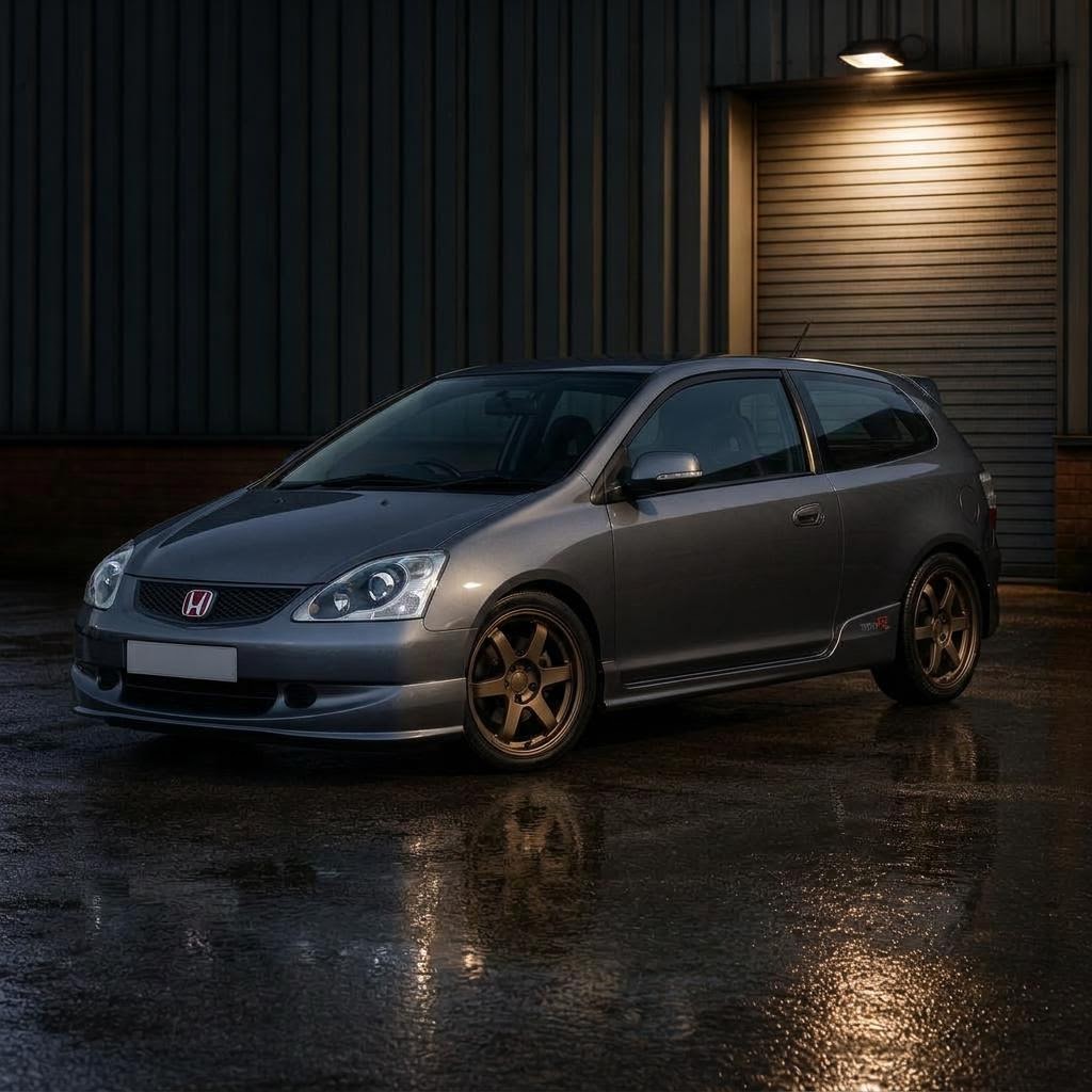 AI concept render of a Cosmic Grey facelift EP3 Civic Type R with bronze six-spoke TE37-style wheels outside a workshop after dark